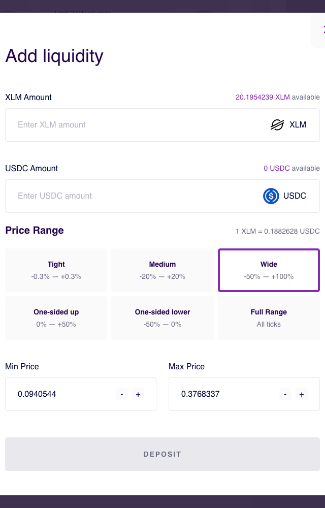 Concentrated deposit form with price range controls and the Deposit button